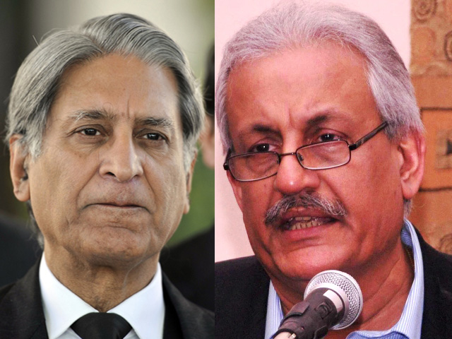 ppp senators raza rabbani r and aitzaz ahsan l photo afp express