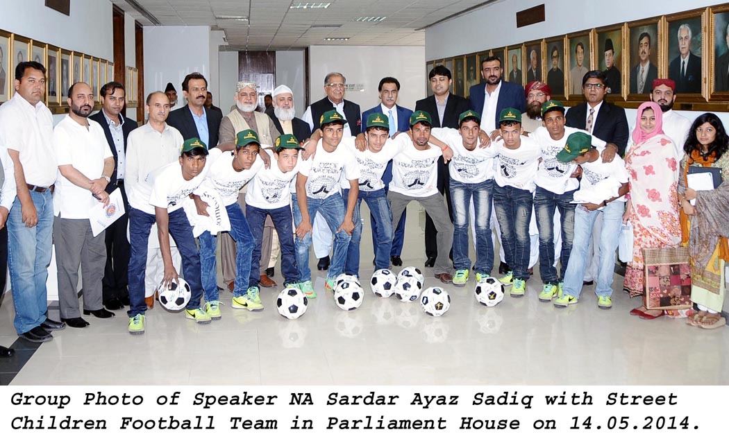 the speaker national assembly with the street children football team at parliament house in islamabad on may 14 2014 photo pid