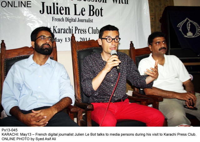 french journalist julien le bot speaks at an event at the karachi press club on tuesday photo online french journalist julien le bot speaks at an event at the karachi press club on tuesday photo online