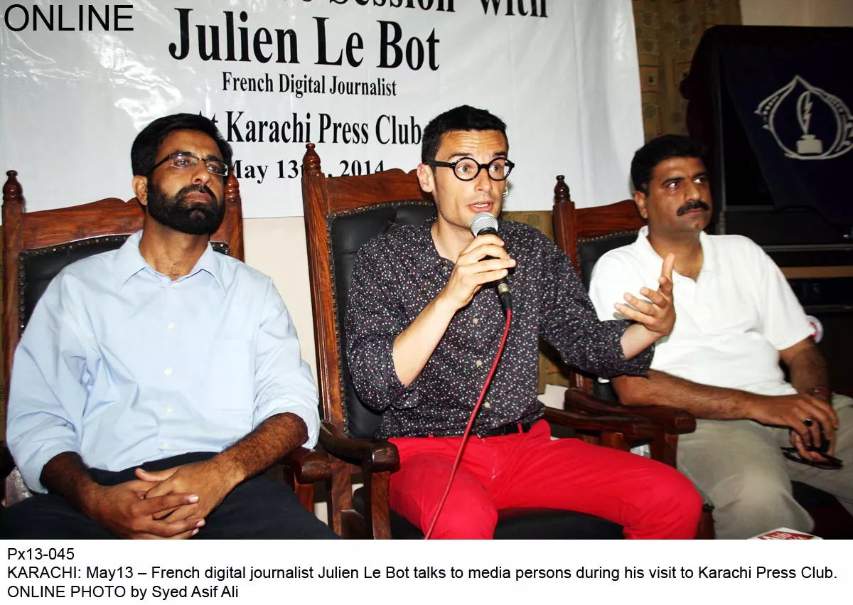 french journalist julien le bot speaks at an event at the karachi press club on tuesday photo online french journalist julien le bot speaks at an event at the karachi press club on tuesday photo online