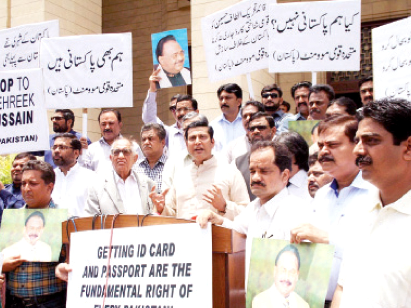 mqm leaders protest outside the sindh assembly demanding an nicop be issued to their chief altaf hussain photo online