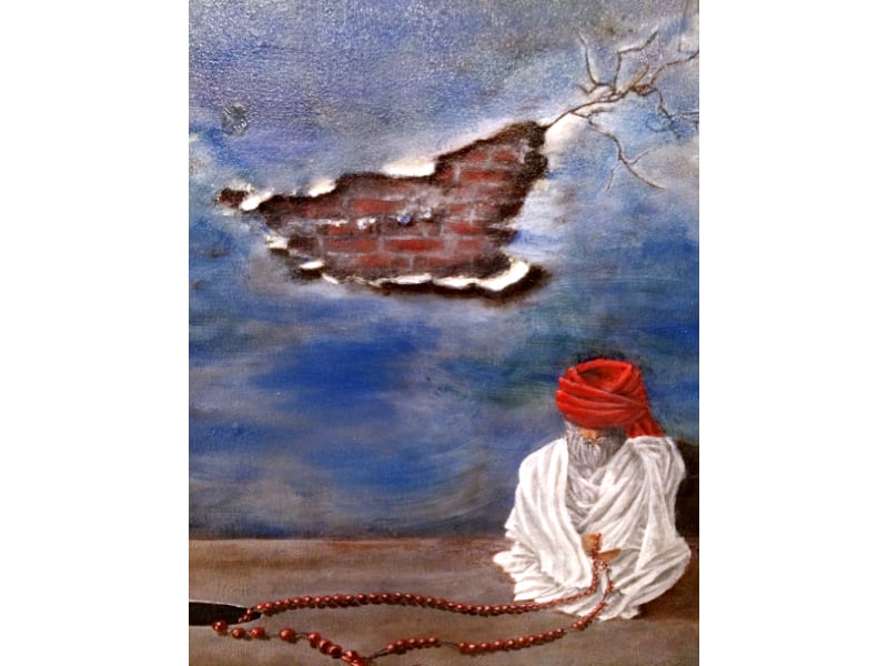 dr nazir has painted an old man sitting near a hole with a rosary in his hand the other end of the rosary is inside the black hole and cannot be seen leaving the viewer to wonder about the possible meanings photo grandeur art gallery