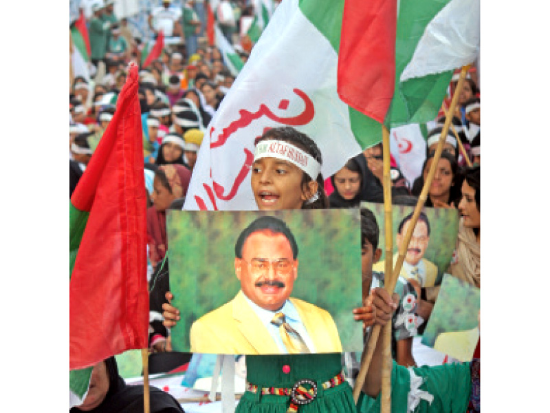 thousands of mqm supporters gathered at ma jinnah road on sunday to show their support for the party chief altaf hussain photo athar khan express