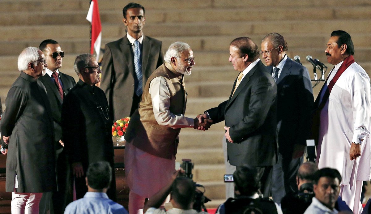 india 039 s prime minister narendra modi 2l is greeted by his pakistani counterpart nawaz sharif 3rd r after modi took the oath of office at the presidential palace in new delhi may 26 2014 also seen are india 039 s president pranab mukherjee l sri lanka 039 s president mahinda rajapaksa r and mauritius prime minister navinchandra ramgoolam 2nd r photo reuters