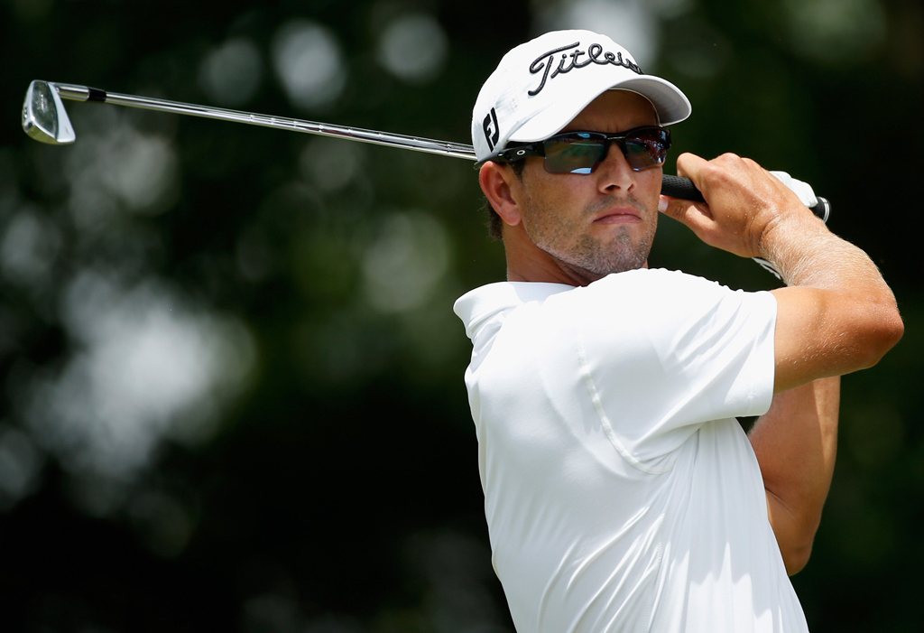 adam scott of australia tees off on the ninth hole during the final round of the crowne plaza invitational at colonial at the colonial country club on may 25 2014 in fort worth texas photo afp