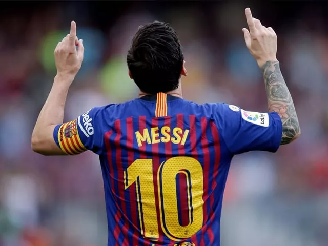 lionel messi of fc barcelona celebrates during the la liga santander match between fc barcelona v sd huesca at the camp nou on september 2 2018 in barcelona spain photo getty lionel messi of fc barcelona celebrates during the la liga santander match between fc barcelona v sd huesca at the camp nou on september 2 2018 in barcelona spain photo getty