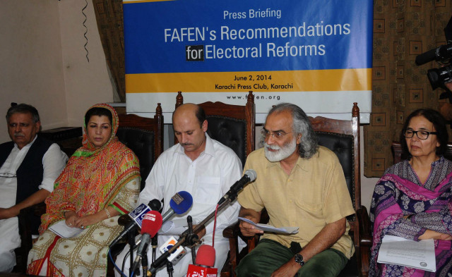 at a press briefing at the karachi press club on monday fafen s office bearers said that the fundamental objective was to establish an independent elections commission of pakistan ecp photo express