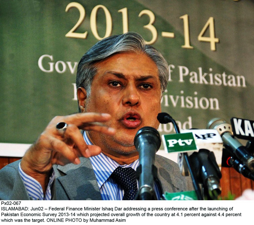 finance minister ishaq dar addressing a press conference after launching the economic survey of pakistan for the fiscal year 2013 14 photo online