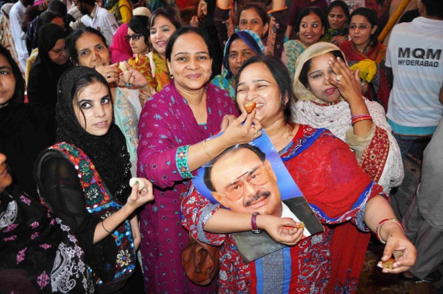 mqm supporters offer each other sweets as they celebrate the news that mqm leader altaf hussain has been released on bail following his arrest during a protest in hyderabad on june 7 2014 mqm supporters offer each other sweets as they celebrate the news that mqm leader altaf hussain has been released on bail following his arrest during a protest in hyderabad on june 7 2014