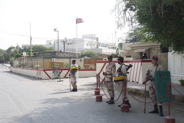 only the vehicles of the law enforcement agencies can be seen patrolling the area as all the lanes leading up to and adjacent to the high commission have been blocked by containers photo express