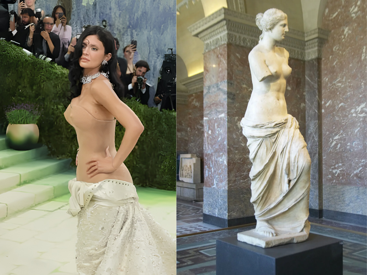 Kylie Jenner in Schiaparelli (Reuters) inspired by Venus de Milo (Alexandros of Antioch)