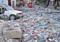 an alarming buildup of garbage engulfs the open sewerage drain at teen number talab in hyderabad turning it into a stagnant dump just days before the monsoon s arrival photo ppi