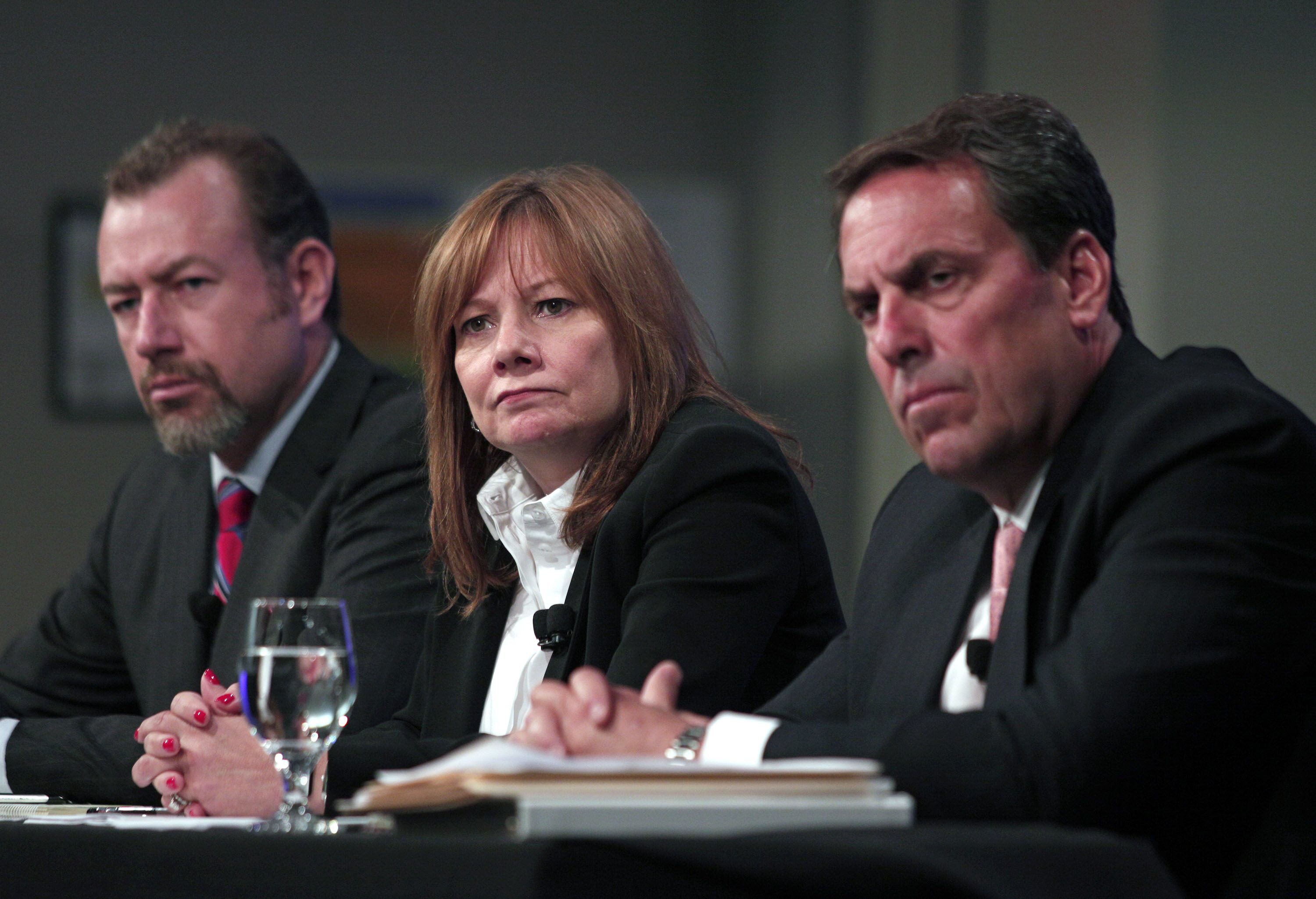 general motors chief executive officer mary barra center mark reuss left executive vice president and dan ammann right president hold a press conference at the general motors technical center on june 5 2014 in warren michigan barra spoke to provide an update on gm 039 s internal investigation into the ignition switch recall at the general motors technical center photo afp