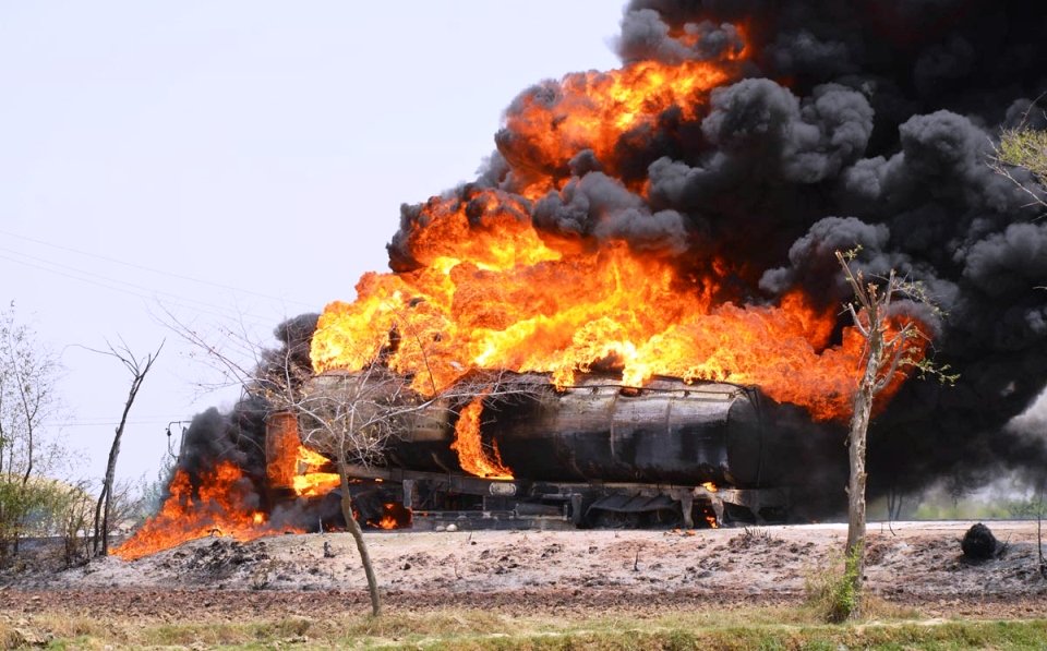 the nato oil tanker in flames after gunmen fired at it in dera murad jamali photo online