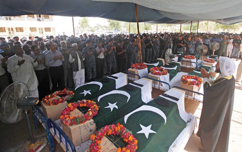 the funeral prayers of the soldiers of the airport security force asf were offered at the asf headquarters near terminal one on monday afternoon photo express