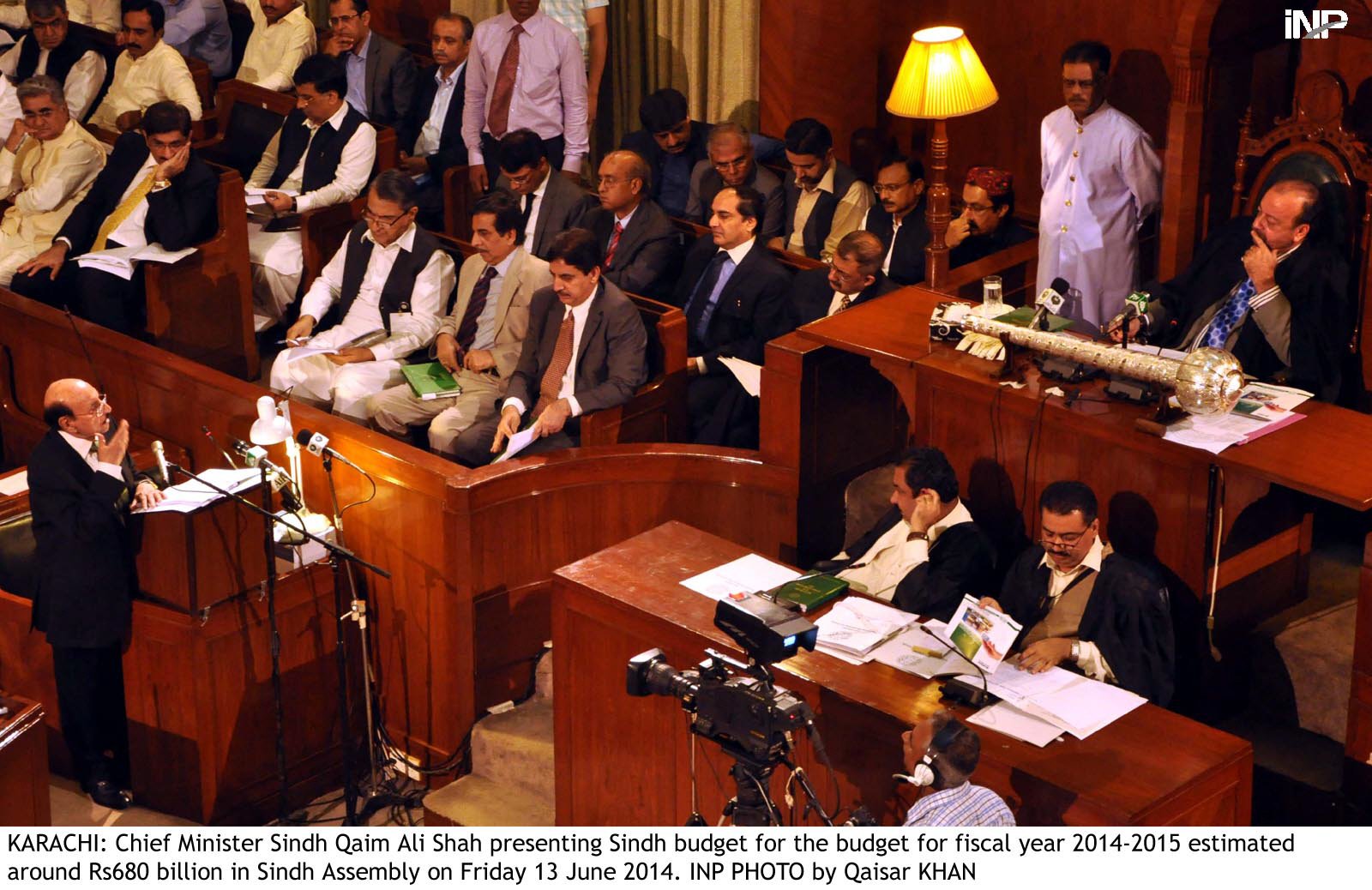 sindh chief minister qaim ali shah is seen presenting the budget for fiscal year 2014 15 photo inp