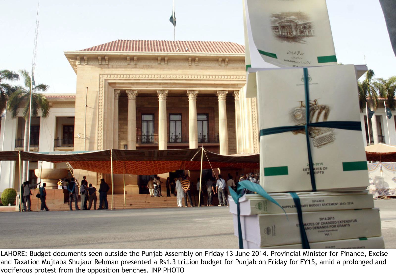 copies of the punjab provincial budget are kept outside the punjab assembly prior to the budget presentation on friday photo inp