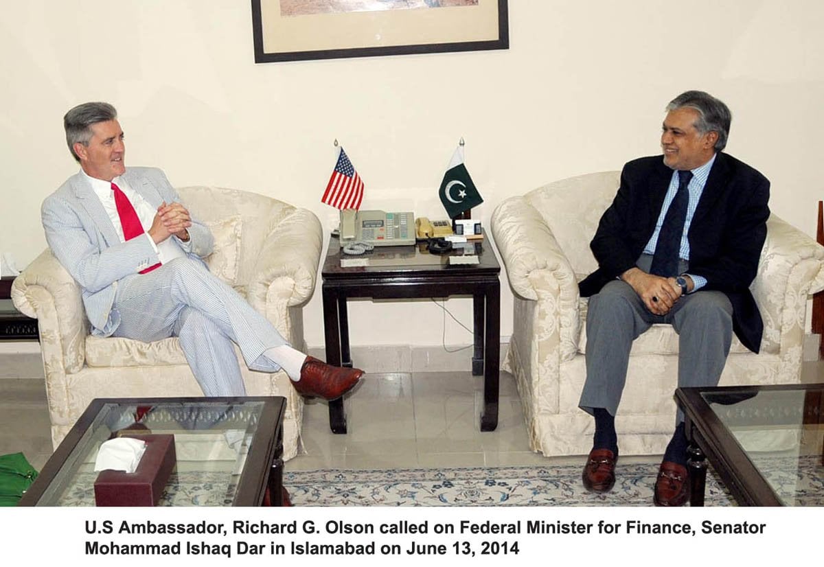 finance minister ishaq dar r in a meeting with us ambassador richard olson l on friday photo pid