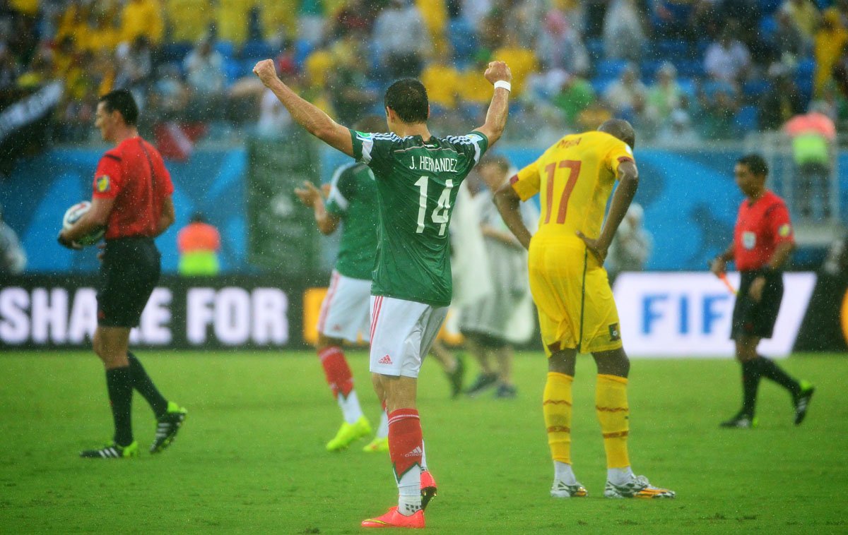 mexico 039 s forward javier hernandez celebrates at the end of the group a football match between mexico and cameroon at the dunas arena in natal during the 2014 fifa world cup on june 13 2014 mexico won 1 0 photo afp