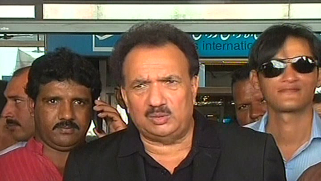 express news screengrab of ppp senator rehman malik speaking to the media at the karachi airport