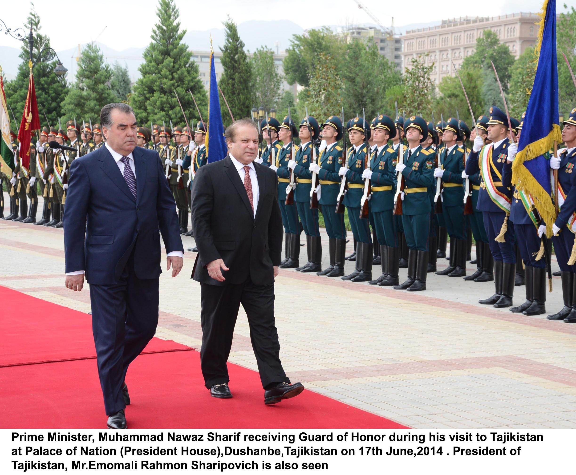 prime minister nawaz sharif along with tajik president emomali rahmon inspecting the guard of honour at palace of nation president house dushanbe tajikistan on june 17 2014 photo pid