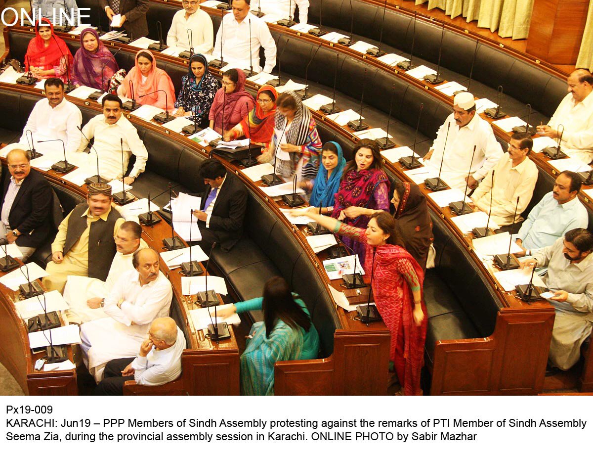 ppp mpa sharmila farooqui gestures towards the pti mpa during the assembly session on thursday over remarks by the latter photo online