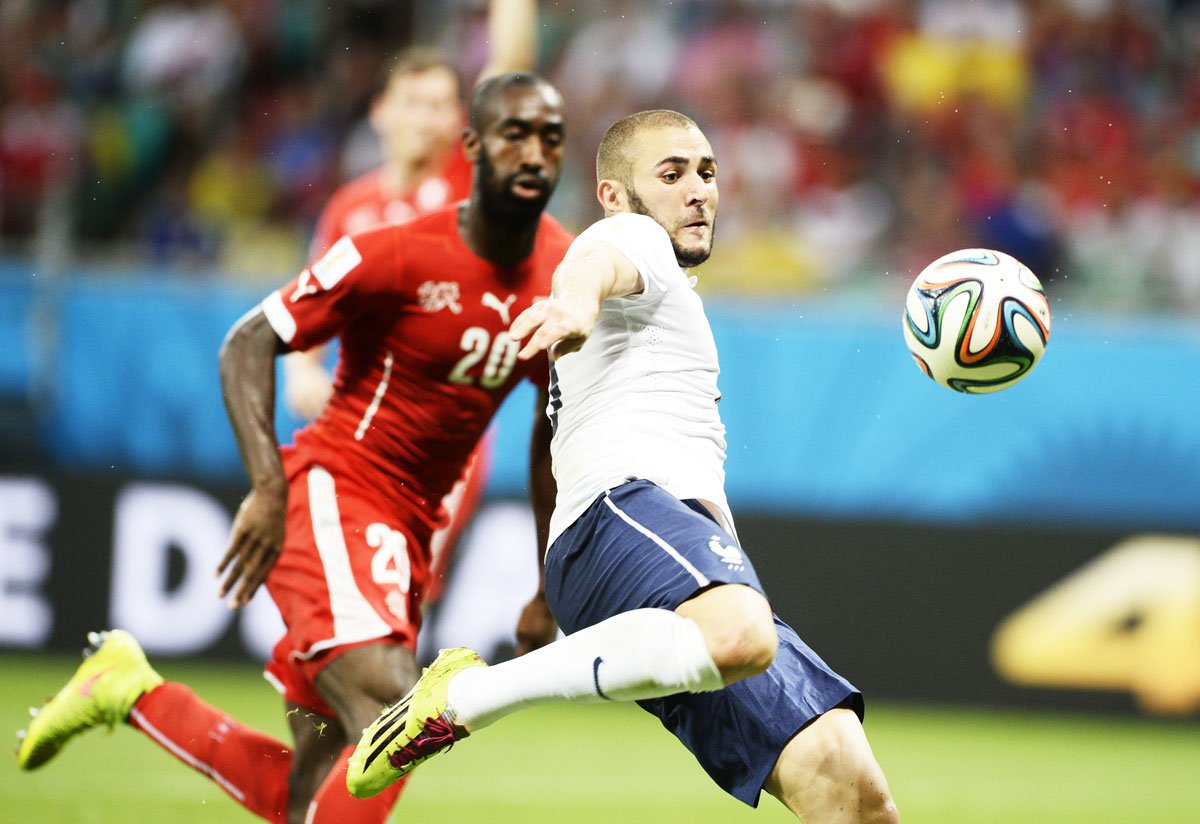 france 039 s forward karim benzema kicks the ball during a group e football match between switzerland and france at the fonte nova arena in salvador during the 2014 fifa world cup on june 20 2014 photo afp