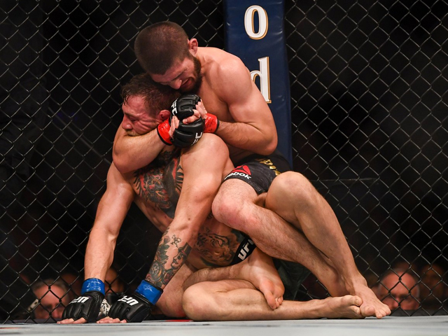 khabib nurmagomedov locks in a rear naked choke on conor mcgregor resulting in a tap out in their ufc lightweight championship fight during ufc 229 in las vegas usa photo getty
