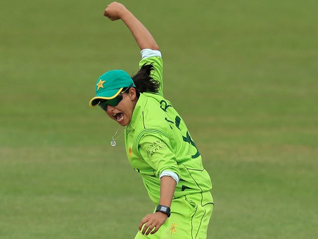 sana mir celebrates a wicket south africa v pakistan women 039 s world cup leicester june 25 2017 photo icc