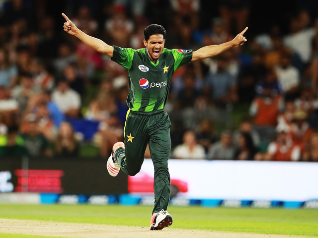 aamer yamin celebrates bowling colin de grandhomme of the black caps out during game three of the t20 international match between new zealand and pakistan on january 28 2018 photo getty