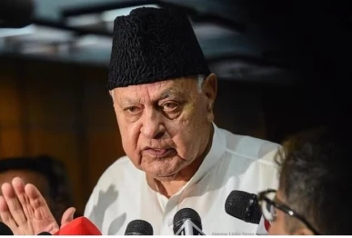 former chief minister of indian illegally occupied jammu and kashmir iiojk farooq abdullah pictured talking to media app