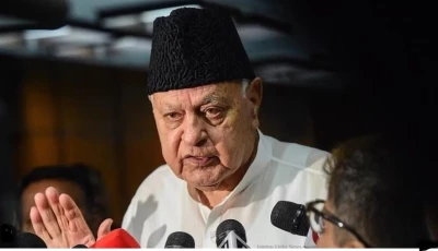 former chief minister of indian illegally occupied jammu and kashmir iiojk farooq abdullah pictured talking to media app