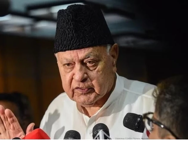 former chief minister of indian illegally occupied jammu and kashmir iiojk farooq abdullah pictured talking to media app former chief minister of indian illegally occupied jammu and kashmir iiojk farooq abdullah pictured talking to media app