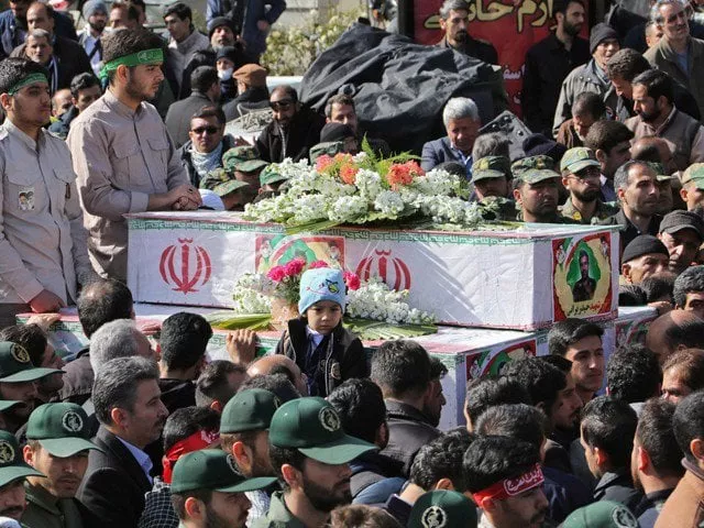 members of iranian revolutionary guards corps irgc attend the funeral of fellow guards who were killed in a suicide attack in southeastern city of isfahan on february 16 2019 photo afp members of iranian revolutionary guards corps irgc attend the funeral of fellow guards who were killed in a suicide attack in southeastern city of isfahan on february 16 2019 photo afp