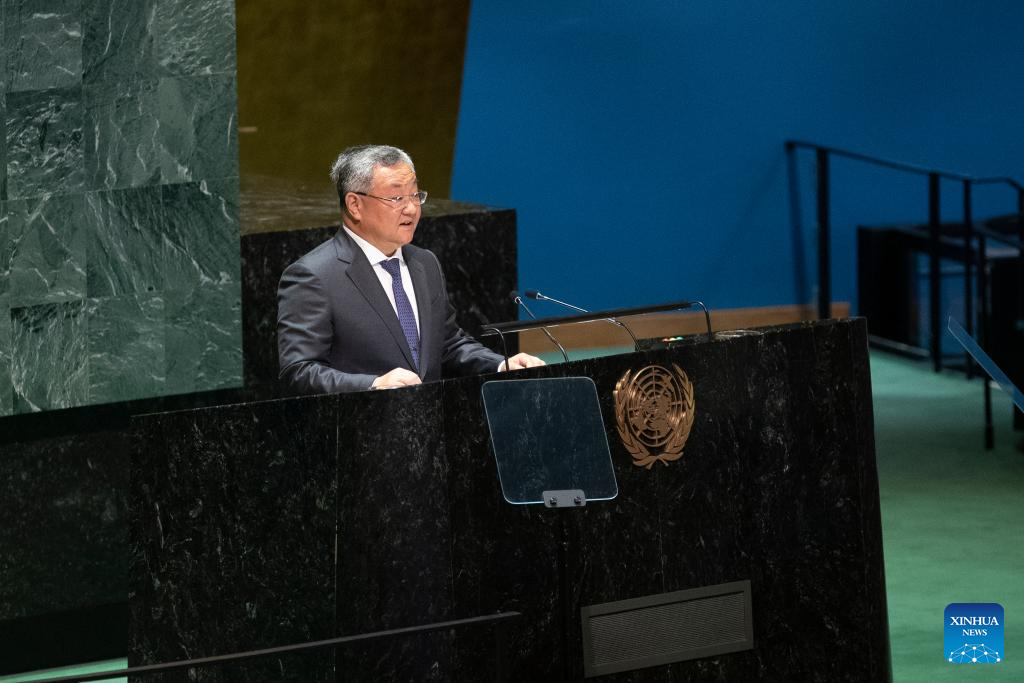 fu cong china s permanent representative to the united nations introduces the draft resolution on enhancing international cooperation on capacity building of artificial intelligence during the un general assembly unga plenary session at the un headquarters in new york photo xinhua