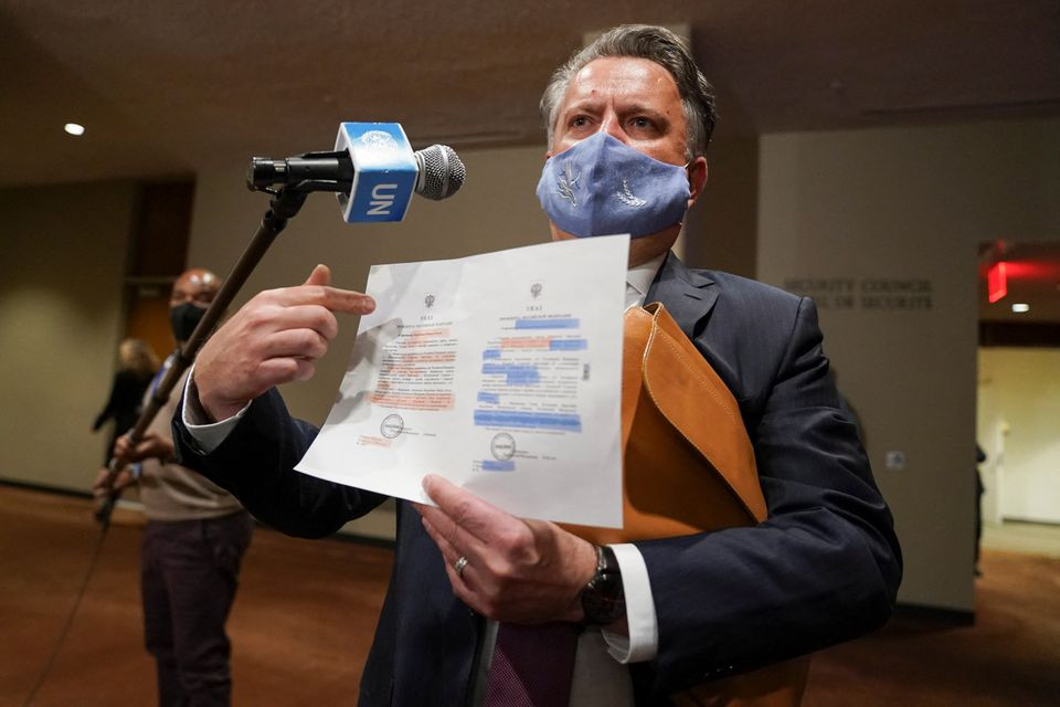 ukrainian ambassador to the united nations sergiy kyslytsya talks to the media following an united nations security council meeting after russia recognized two breakaway regions in eastern ukraine as independent entities in new york city us february 21 2022 reuters