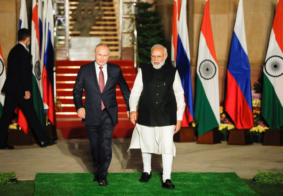 india s prime minister narendra modi welcomes russia s president vladimir putin ahead of their meeting at hyderabad house in new delhi india december 6 2021 photo reuters