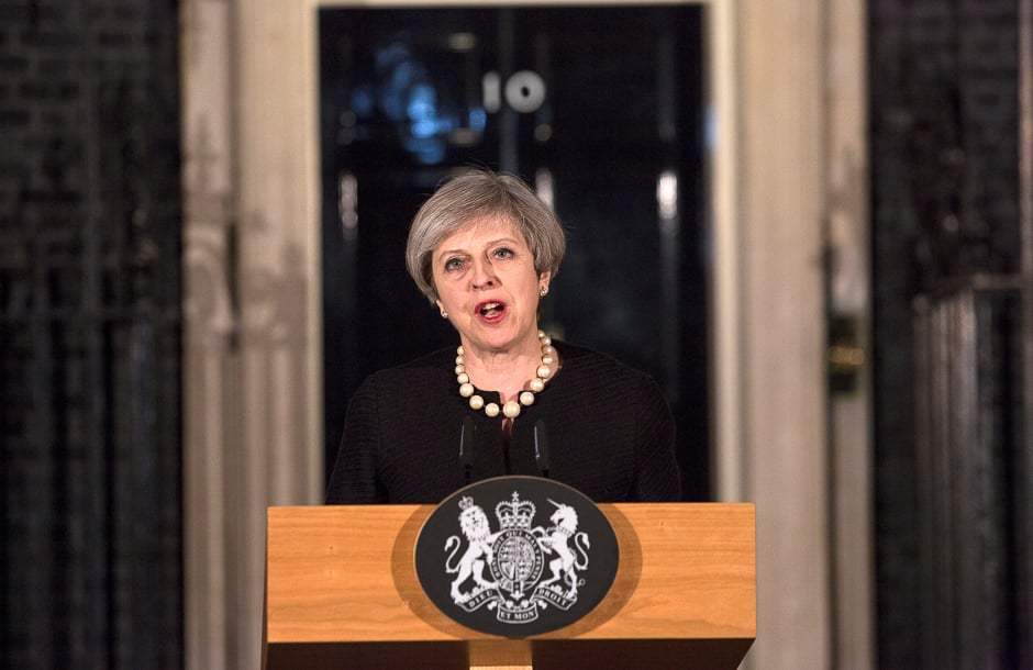 Britain's Prime Minister Theresa May makes a statement at Downing street in London, Britain. PHOTO: REUTERS