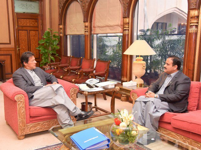 chief minister punjab sardar usman buzdar calls on prime minister imran khan at the pm office islamabad on march 18 2019 photo pid