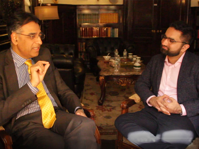 m bilal lakhani in conversation with finance minister asad umar after his meeting with the imf in new york city on april 13 2019 photo screengrab