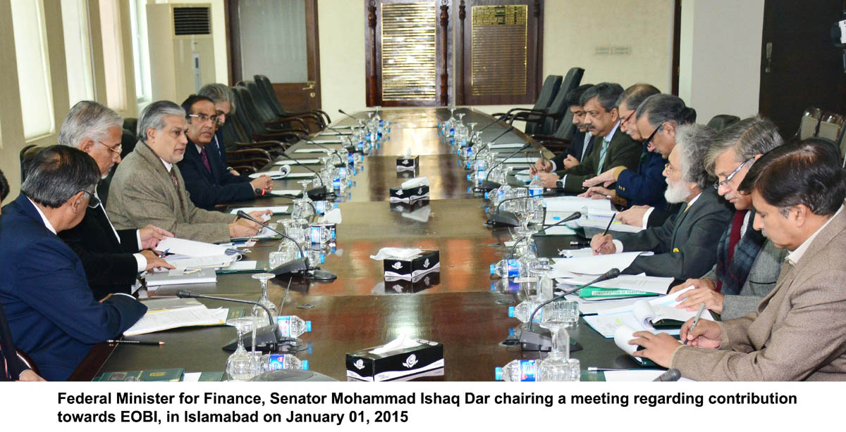 finance minister ishaq dar chairing a meeting on eobi on thursday photo pid