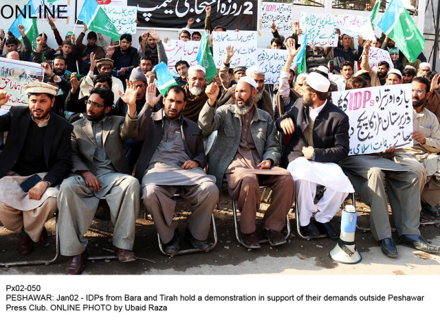 idps from bara and tirah protest outside the peshawar press club on friday photo online