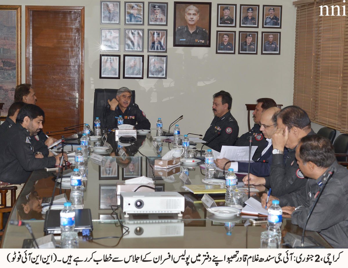 additional ig karachi ghulam qadir thebo headquarters dig abdul aleem jafri special branch dig naeem akram bharoka and other senior police officials in the meeting at central police office photo nni
