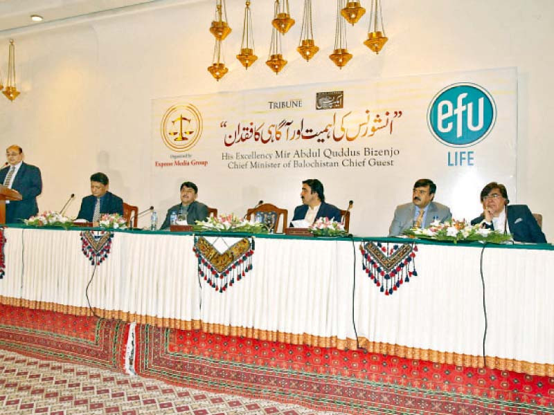 federal insurance ombudsman of pakistan dr khawar jameel senior provincial minister for finance noor muhammad dummar provincial minister for education mir naseebullah murree assistant sales director of efu life insurance nas shahjahan khilji advisor to federal insurance ombudsman abdul basit khan director general of federal insurance ombudsman mubashir naeem prosecutor general balochistan sajid tareen advocate are visible on the occasion of one day seminar photo express