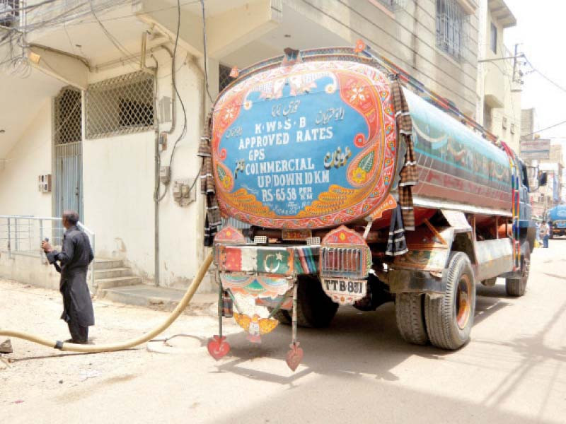 a man supplies water from a tanker in a neighbourhood in karachi where advent of summers means water shortage and added expenses of purchasing it from tankers photo jalal qureshi express