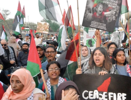 women take part in a rally organized by the civil society and palestine solidarity committee to denounce israeli atrocities in gaza and raise voice for the people of palestine photo express