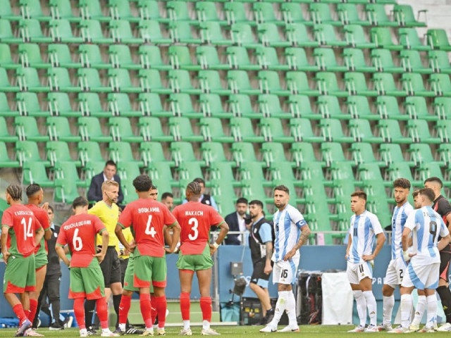 water bottles were thrown at the argentina players after the south american nation thought they had scored a late equaliser against morocco in saint etienne photo afp water bottles were thrown at the argentina players after the south american nation thought they had scored a late equaliser against morocco in saint etienne photo afp