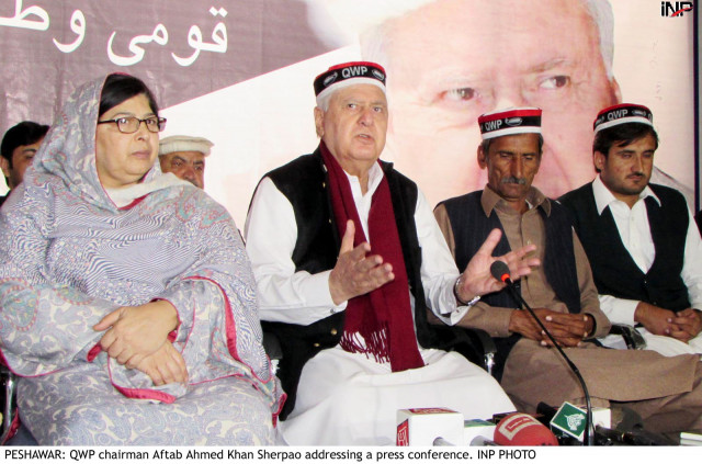 qwp chief aftab ahmed sherpao c addressing a press conference in peshawar photo inp qwp chief aftab ahmed sherpao c addressing a press conference in peshawar photo inp