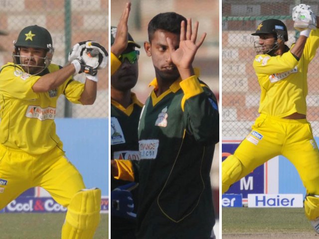 under consideration after strong performances in the ongoing pentangular cup shoaib malik muhammad rizwan and raza hasan are being considered by the selectors for the 15 man world cup squad photos mohammad azeem express