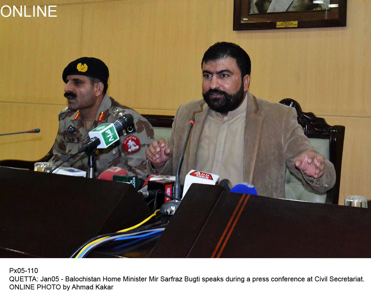 balochstan home minister mir sarfraz bugti addressing a press conference in quetta on monday photo online